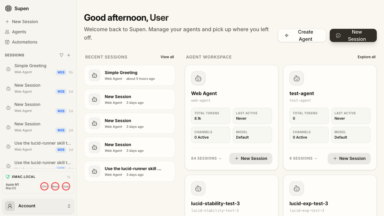 Supen dashboard and sessions interface